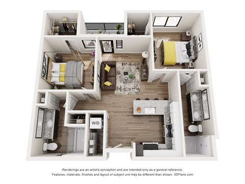 Floor plan for 2 beds, 2 baths, 963 sqft